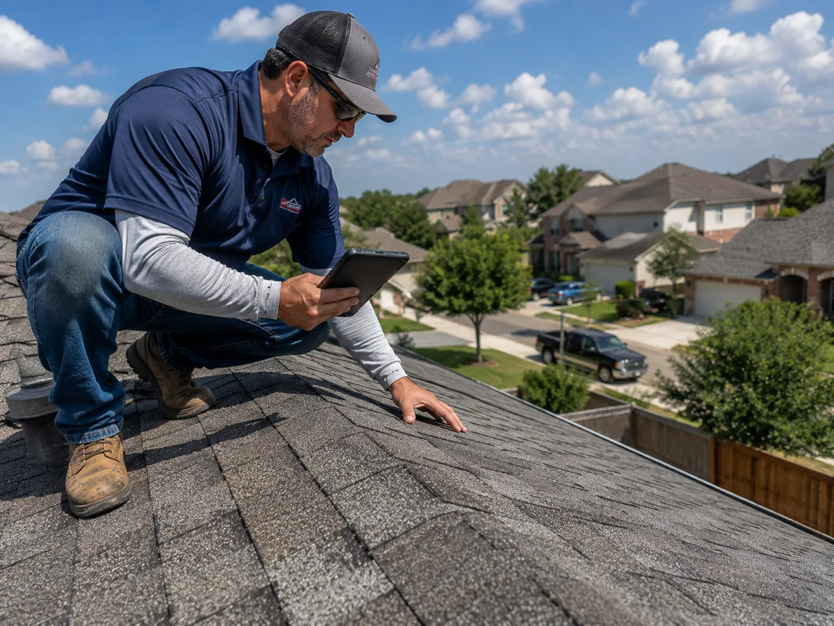 Roofing contractor inspecting storm damage in Plano Texas
